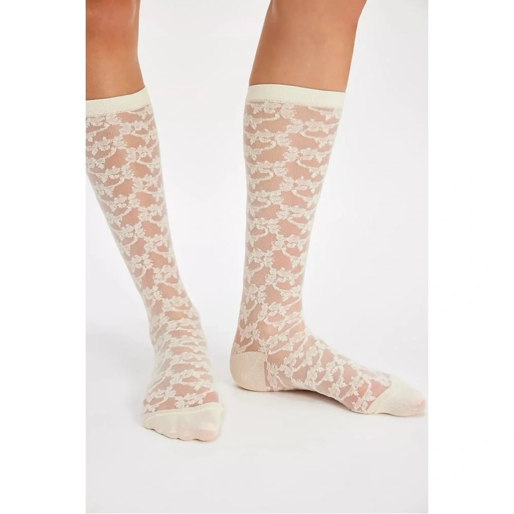 Free People Amour Lace Knee High Socks White Ivory NWT Dainty Ethereal Coquette